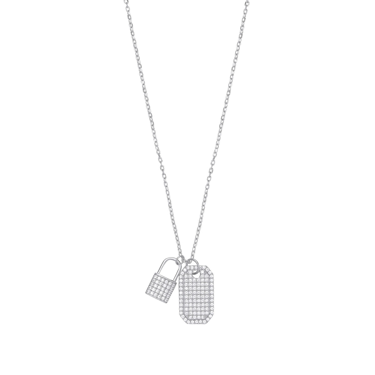 Silver CZ Padlock &amp; Dog Tag Necklace