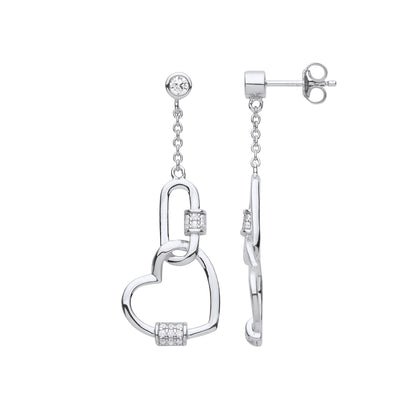 Silver Heart Paper Clip CZ Drop Earrings