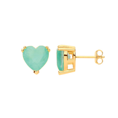 Silver Yellow Gold Plated, Green Heart Stud Earrings