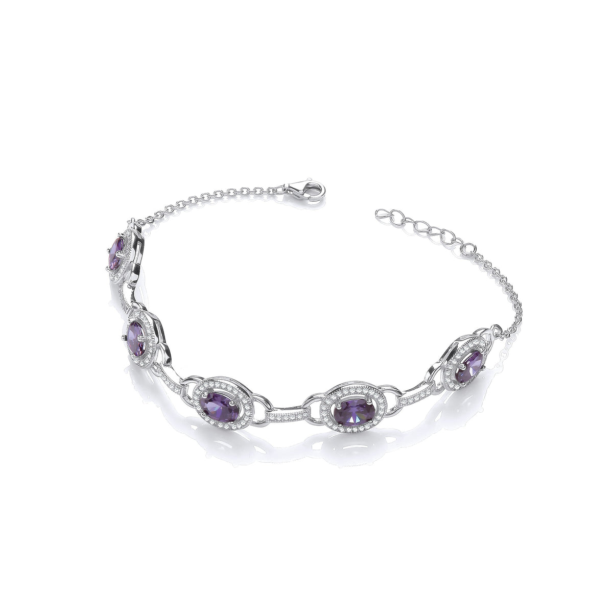 Amethyst &amp; Clear CZs Halo Style Ladies Silver Bracelet