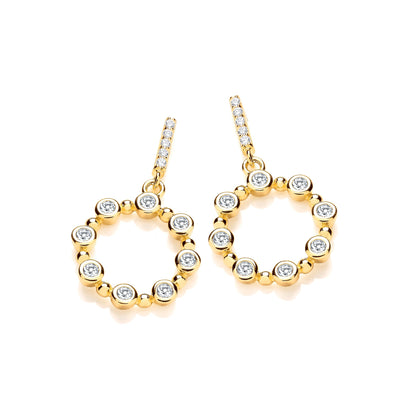 Yellow Gold Plated Silver Rubover CZs Circle Drop Earrings