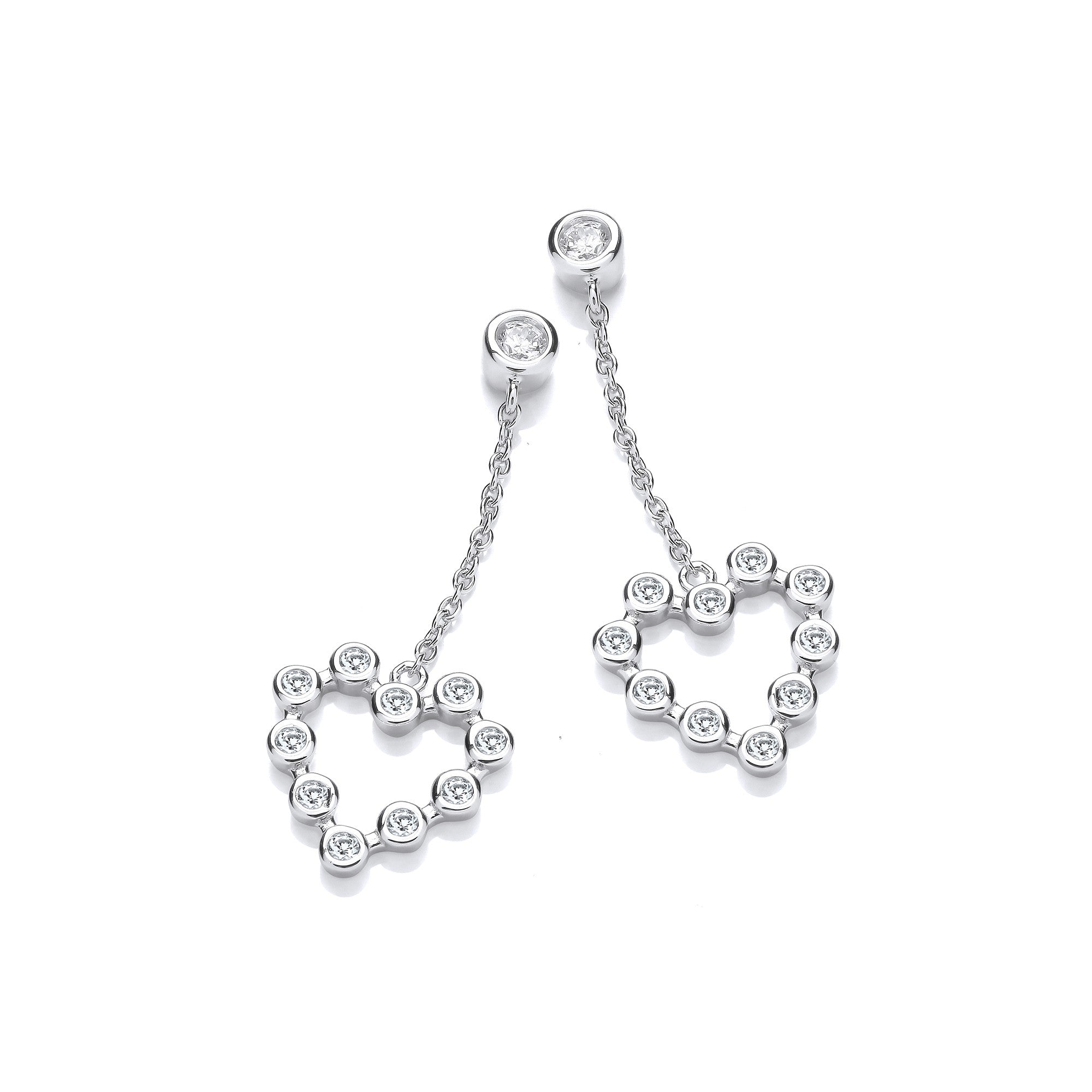 Silver Heart Rubover CZs Chain Drop Earrings