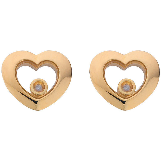 9ct Yellow Gold 0.02ct Floating Diamond Heart Stud Earrings