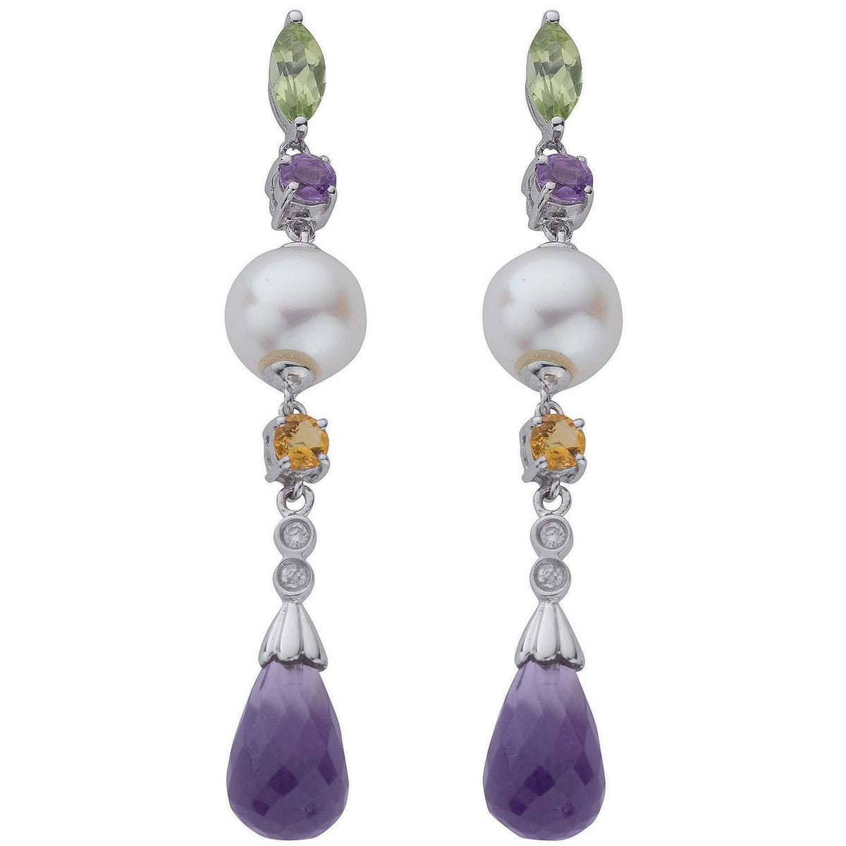 9ct White Gold 0.05ct Diamond &amp; 5.49ct Citrine, Amethyst &amp; Pearl Drop Earrings