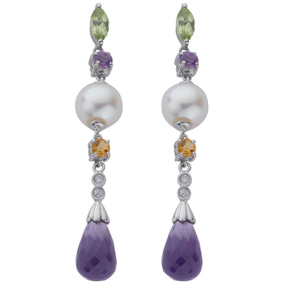 9ct White Gold 0.05ct Diamond & 5.49ct Citrine, Amethyst & Pearl Drop Earrings