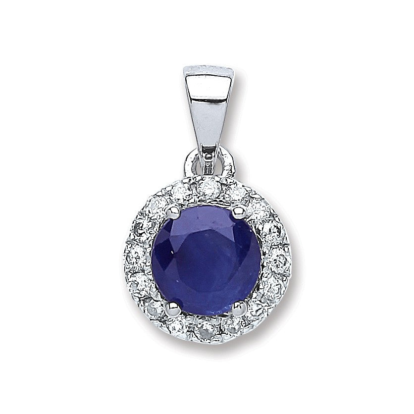 9ct White Gold 0.15ct Diamond, 0.6ct 5mm Round Sapphire Pendant