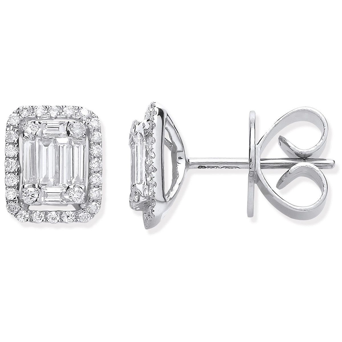 18ct White Gold 0.65ct Baguette &amp; Brilliant Cut Diamond Rectangle Halo Earrings