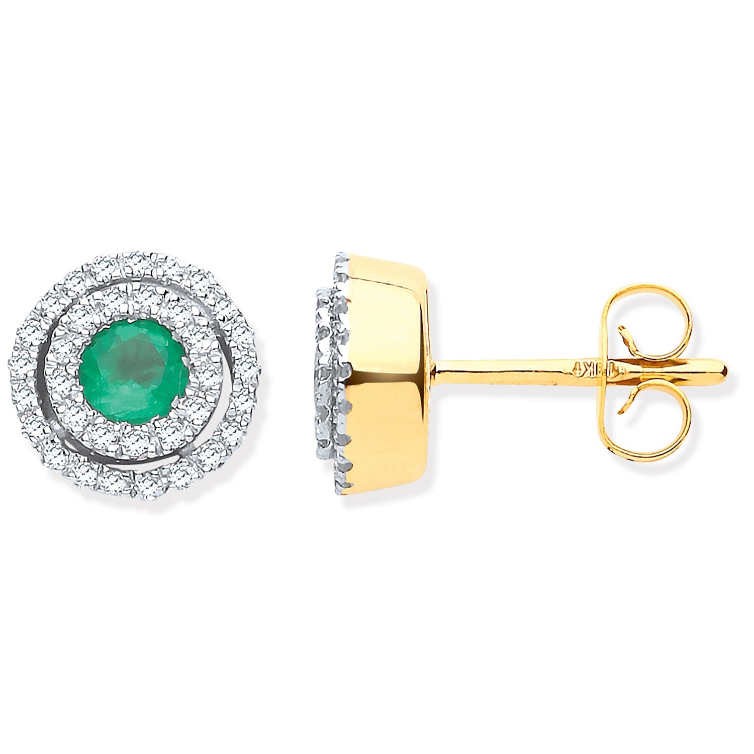 9ct Yellow Gold Double Halo 0.25 Diamond & Emerald Round Stud Earrings