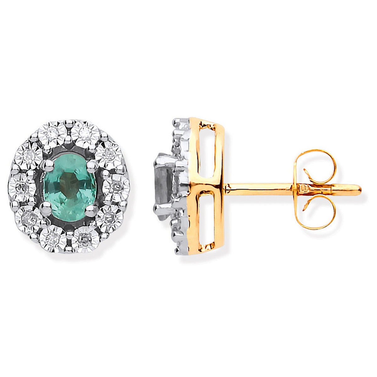 9ct Yellow Gold 0.60ct Emerald &amp; 0.08ct Diamond Oval Stud Earrings