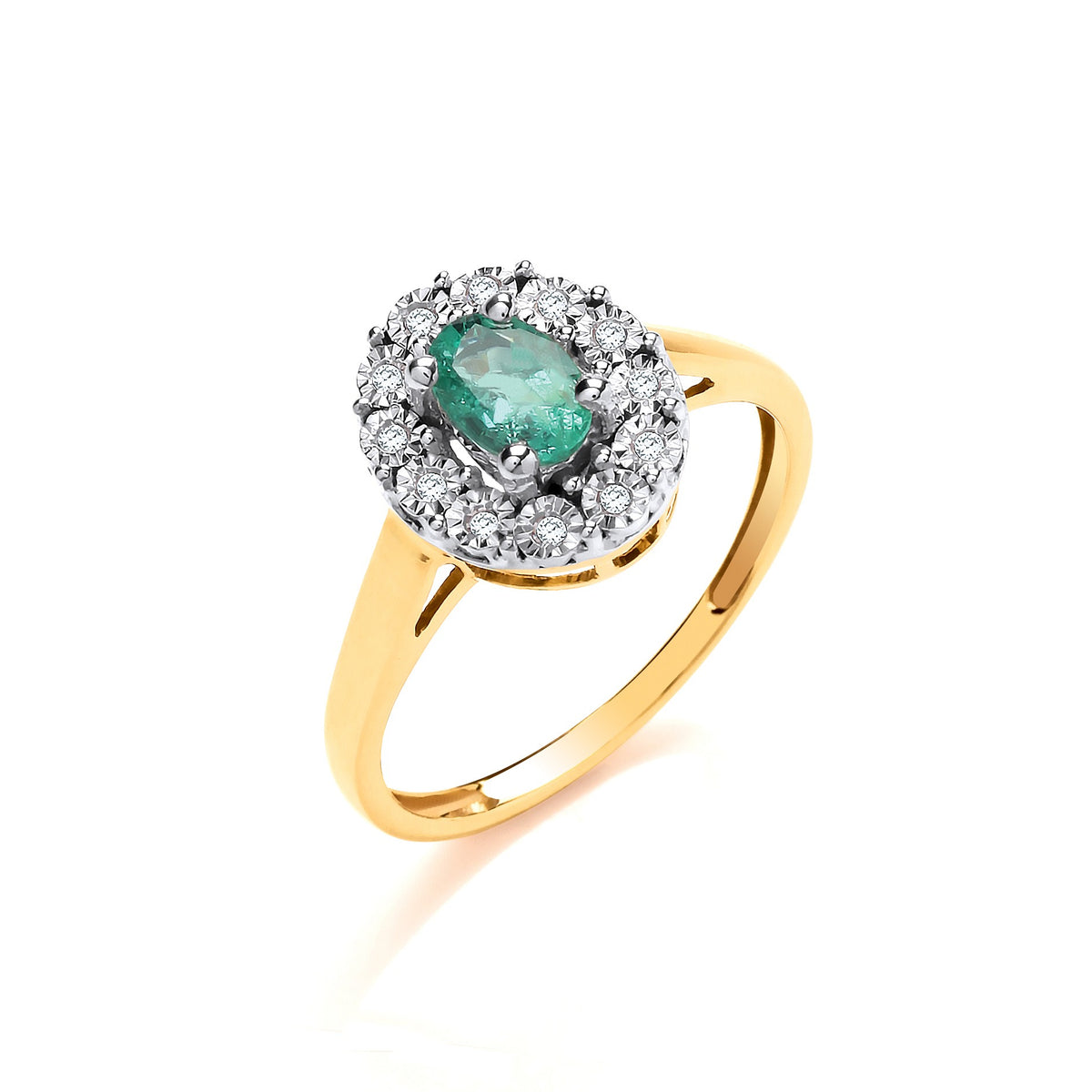 9ct Yellow Gold 0.40ct Emerald Cluster &amp; 0.05ct Diamond Ring