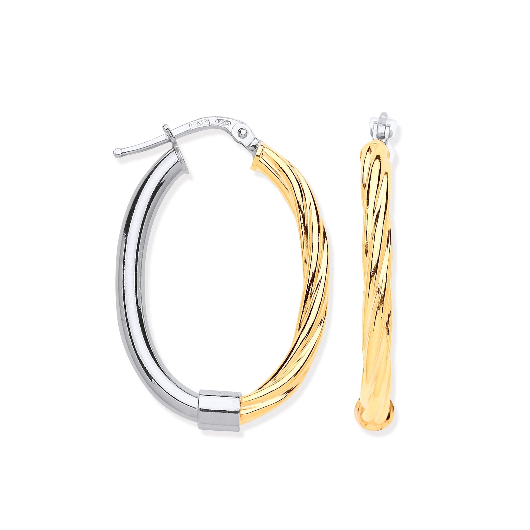 Silver Oval Tube & Yellow Gold Plated Twist Hoop Earrings