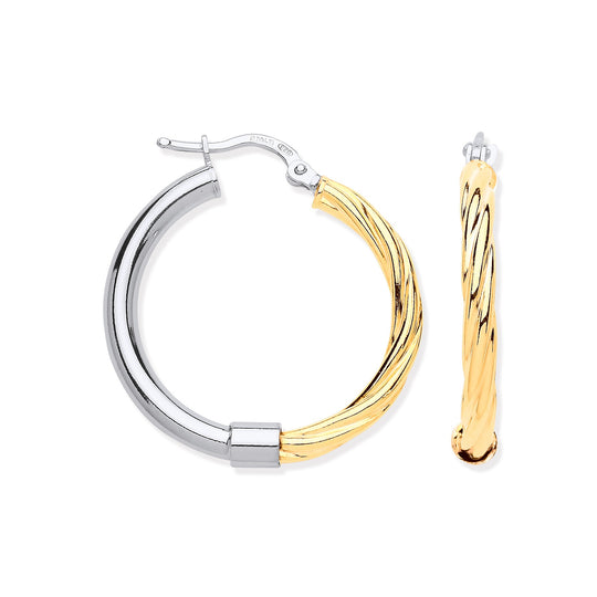Silver Medium Tube & Yellow Gold Plated Twist Hoop Earrings