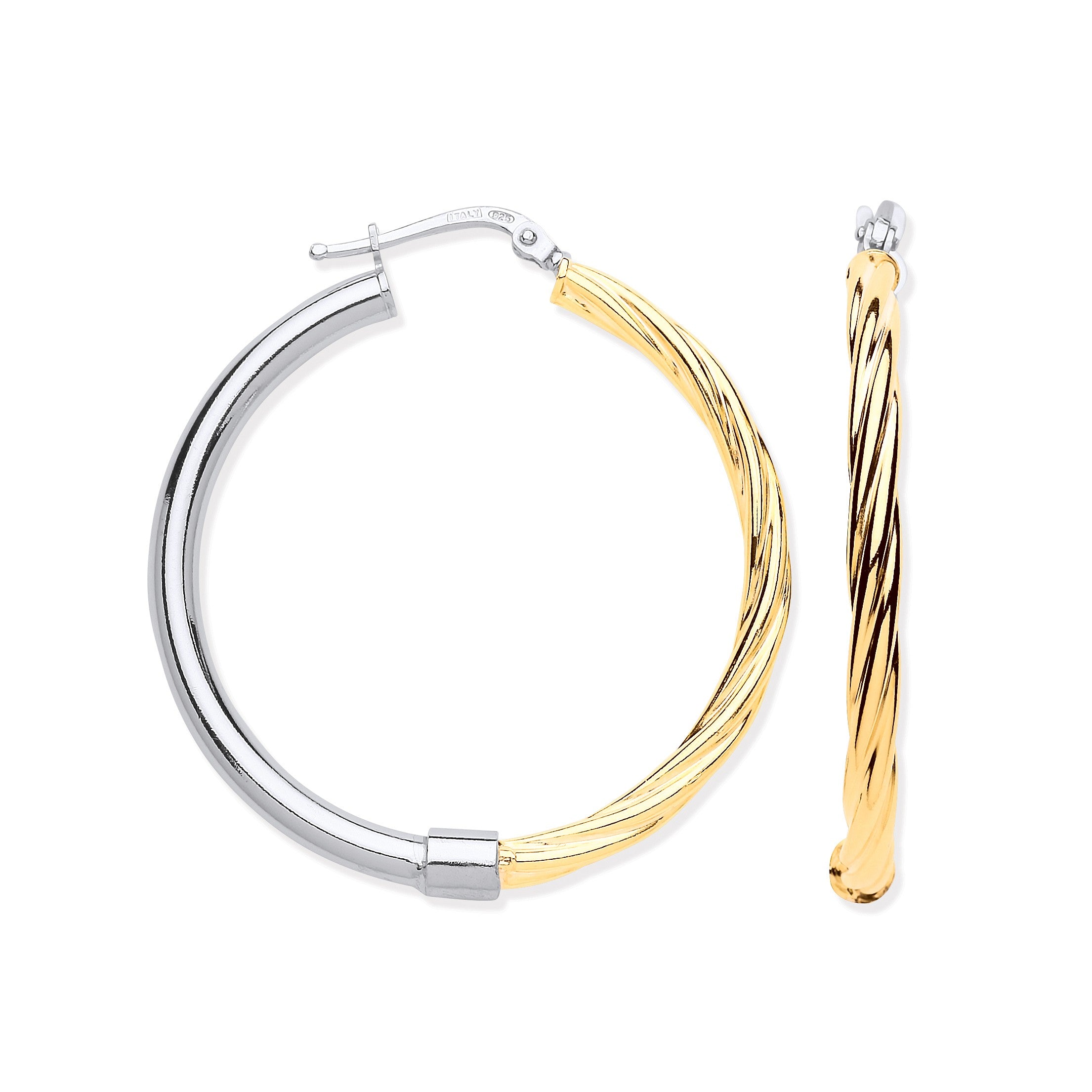 Silver Large Tube & Yellow Gold Plated Twist Hoop Earrings