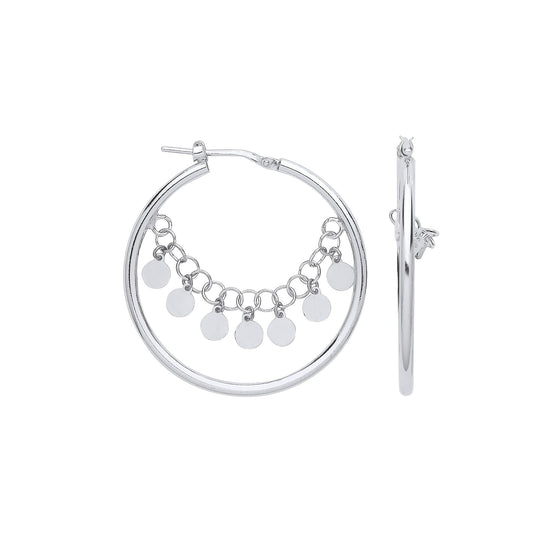 Silver Fancy Hoop with Coin Chain Earrings
