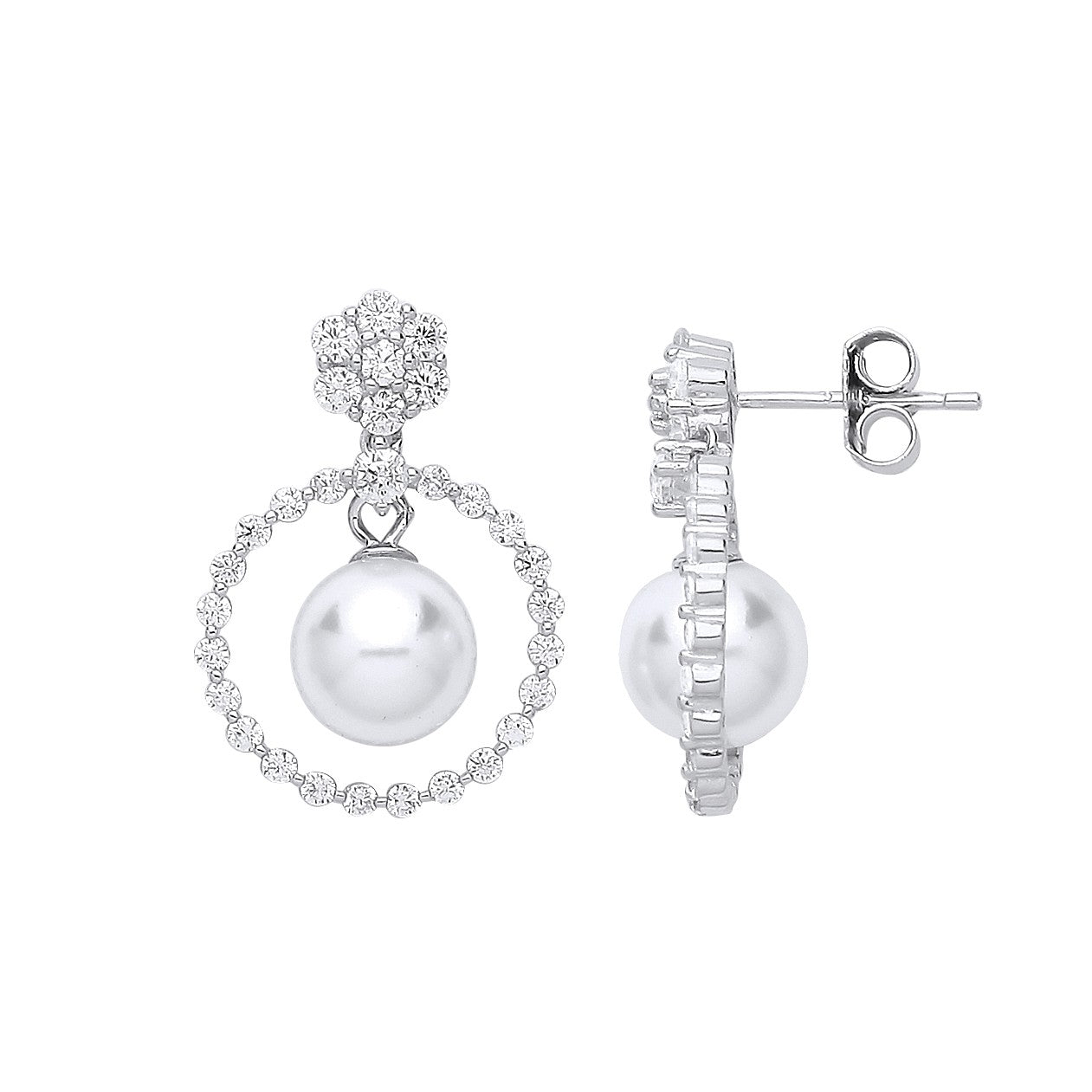Silver Circle of Life, Pearl & Cz Drop Earrings