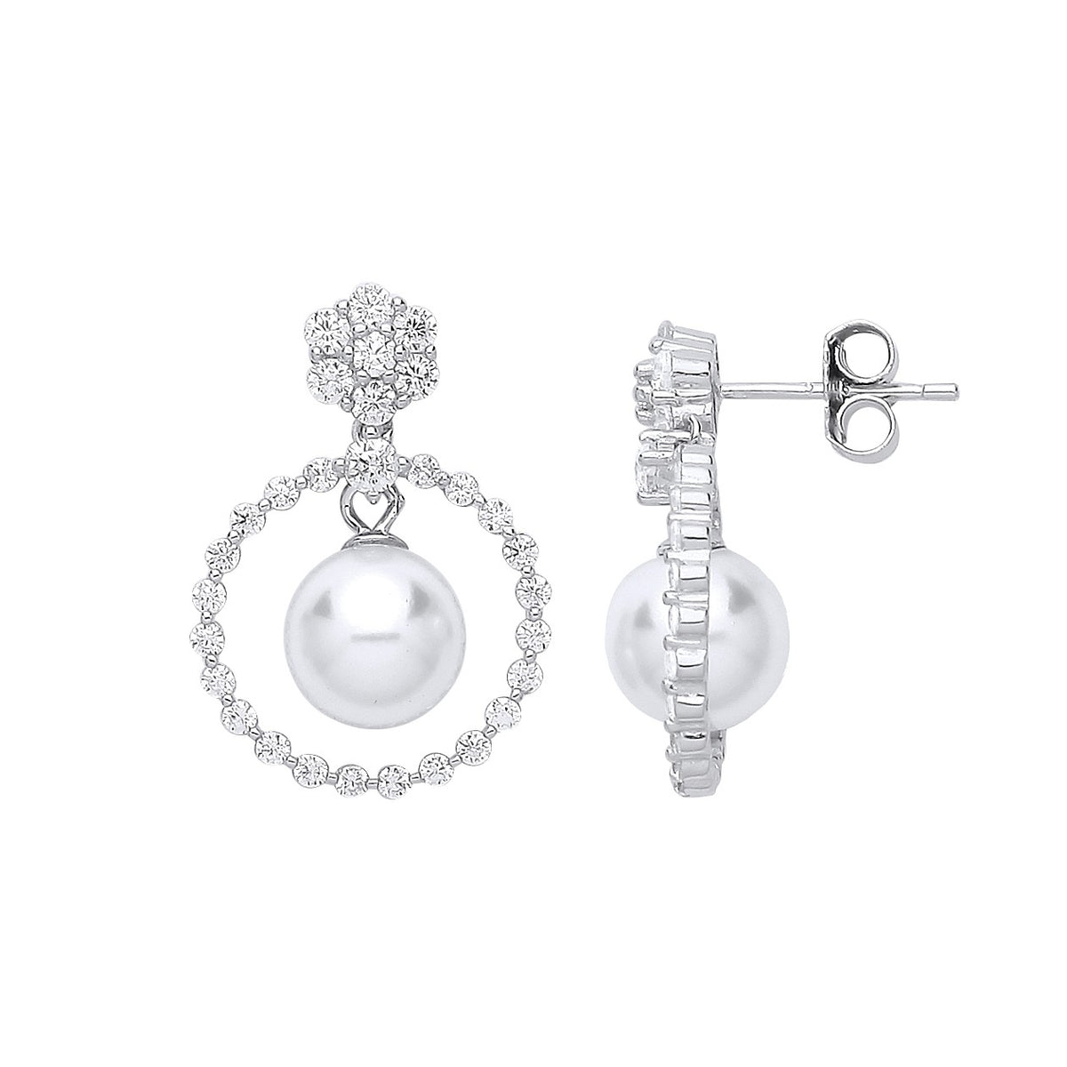 Silver Circle of Life, Pearl &amp; Cz Drop Earrings